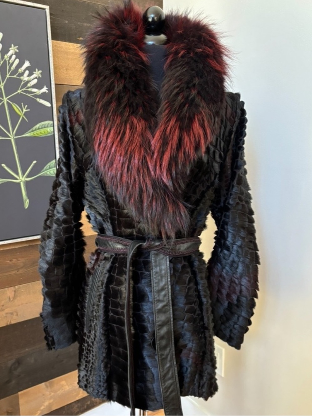Mano Swartz Lambskin Coat Button Front Tied Waist Dyed Coon Collar Women Small
